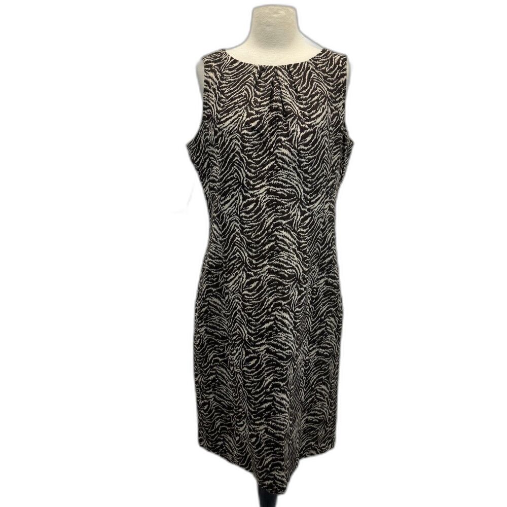 Ann Taylor Sheath Dress 14 XL L Silk Wool Tan Brown Zebra Animal Office Business